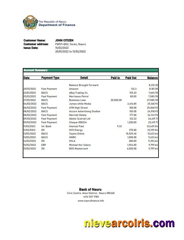Nauru Bank of Nauru bank statement Excel and PDF